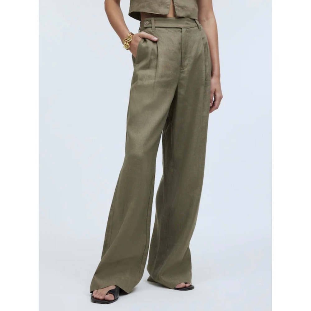 Madewell The Harlow Wide Leg 100% Linen Pant Distant Surplus Green Pleated - 4